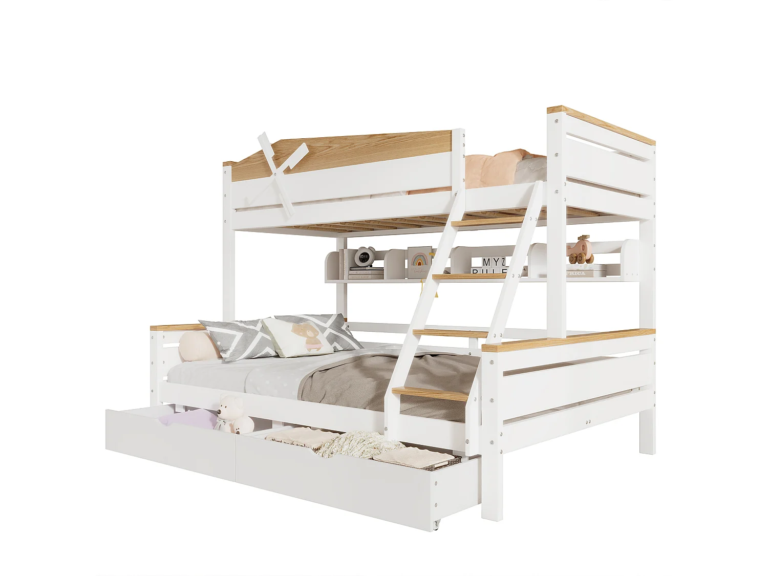 Łóżko piętrowe 90x200cm i 140x200cm - z drabinką, półkami i 2 szufladami - z drewna sosnowego i MDF - Białe