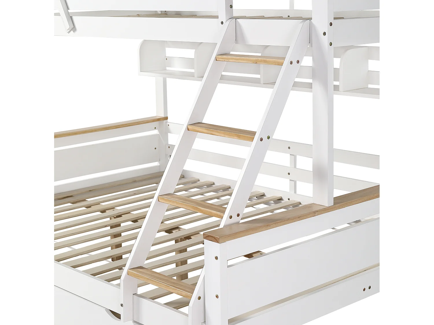 Łóżko piętrowe 90x200cm i 140x200cm - z drabinką, półkami i 2 szufladami - z drewna sosnowego i MDF - Białe