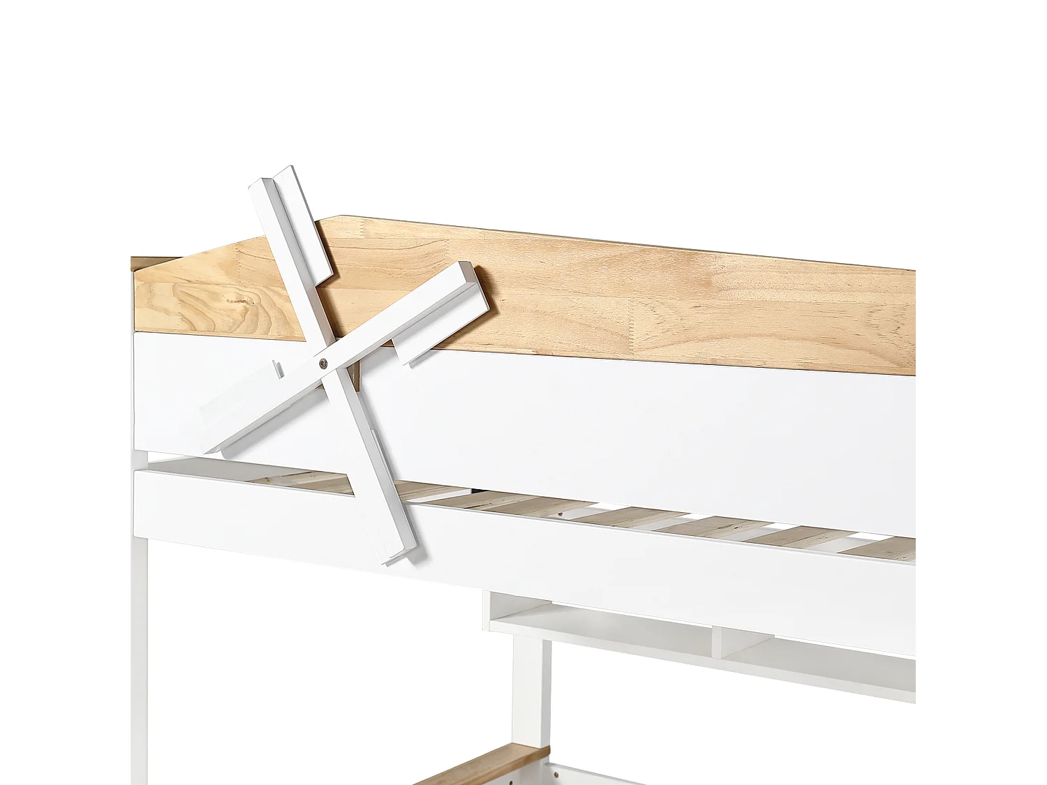 Łóżko piętrowe 90x200cm i 140x200cm - z drabinką, półkami i 2 szufladami - z drewna sosnowego i MDF - Białe