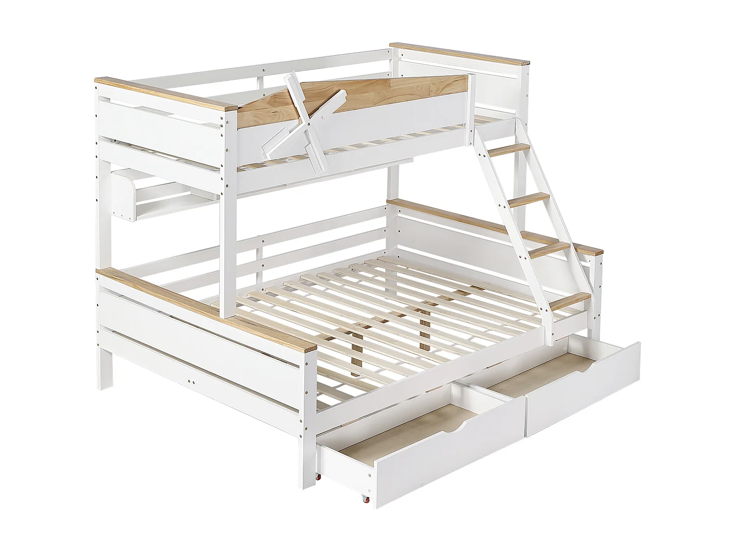 Łóżko piętrowe 90x200cm i 140x200cm - z drabinką, półkami i 2 szufladami - z drewna sosnowego i MDF - Białe