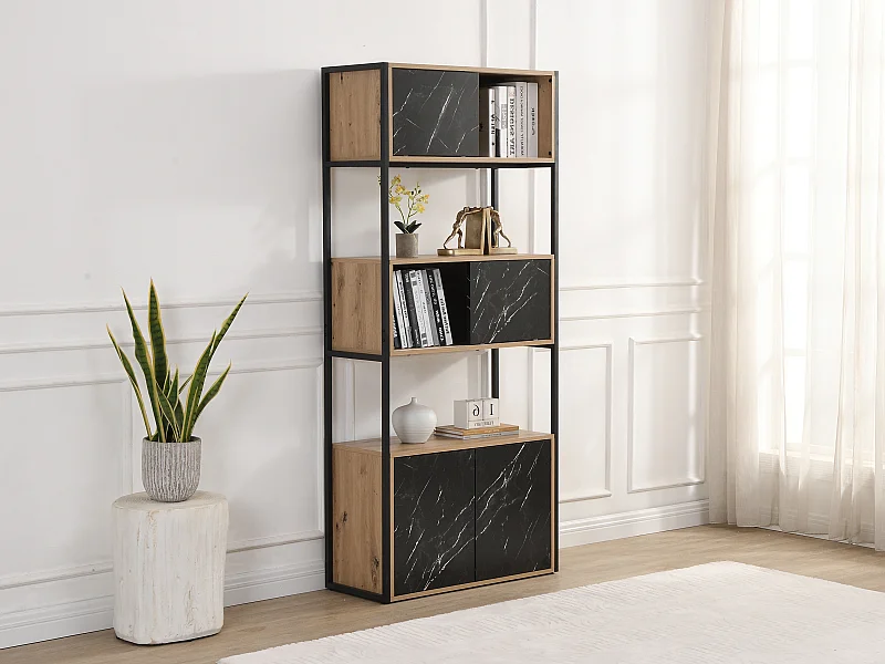 Biblioteca com 4 portas e 2 nichos em MDF e aço, efeito mármore preto e natural - YELANIA