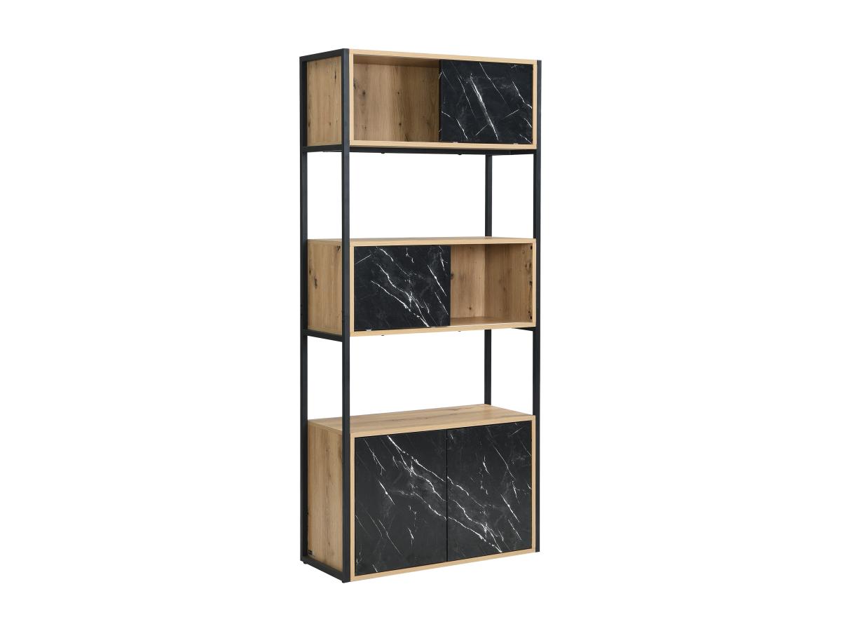 Wohnwand mit 4 Türen & 2 Ablagen - MDF & Stahl - Marmor-Optik Schwarz & Hol günstig online kaufen