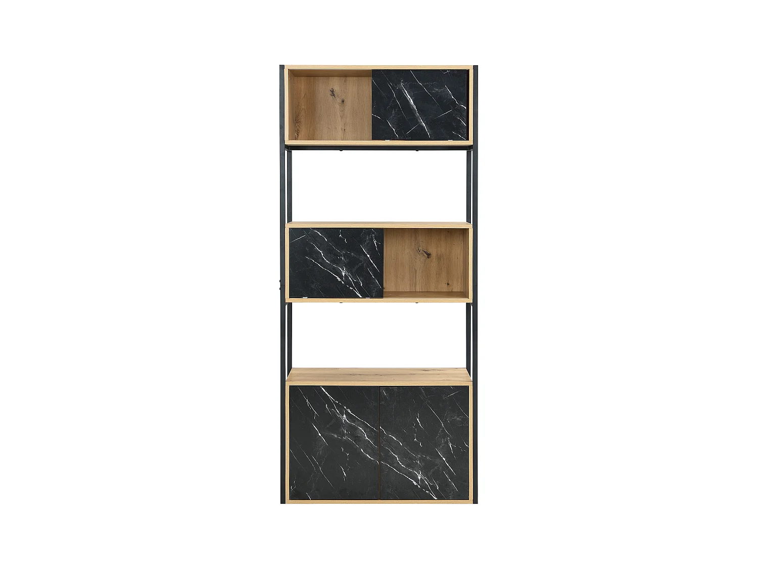 Bibliothèque avec 4 portes et 2 niches en MDF et acier - Effet marbre noir et naturel - YELANIA