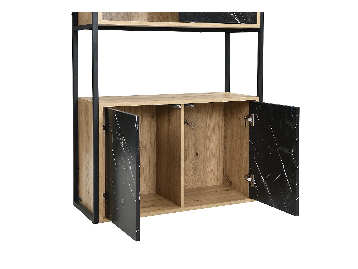 Bibliothèque avec 4 portes et 2 niches en MDF et acier - Effet marbre noir et naturel - YELANIA