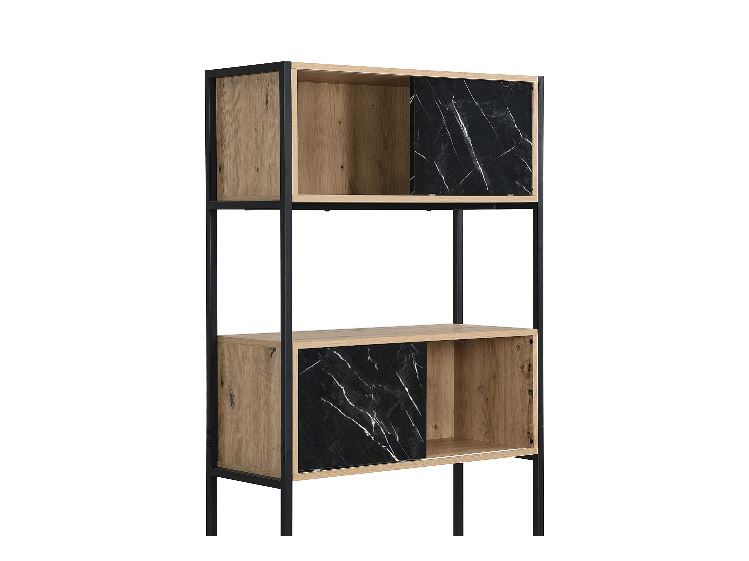 Bibliothèque avec 4 portes et 2 niches en MDF et acier - Effet marbre noir et naturel - YELANIA