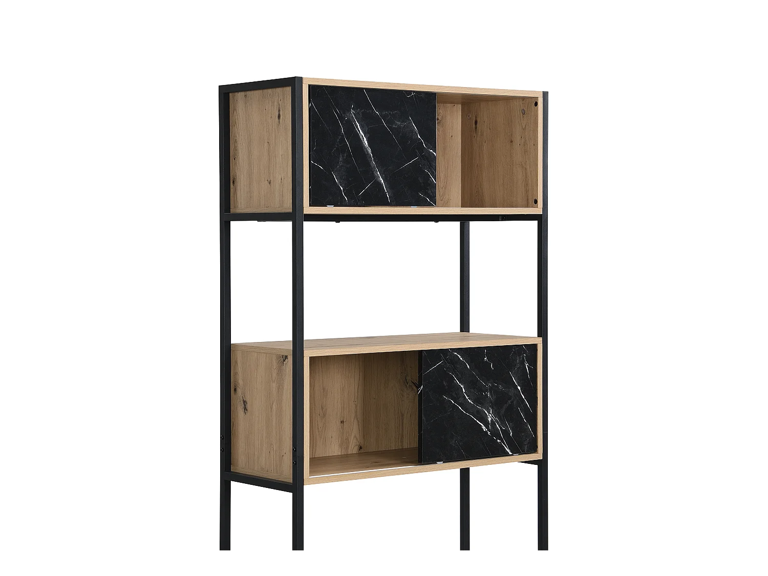 Bibliothèque avec 4 portes et 2 niches en MDF et acier - Effet marbre noir et naturel - YELANIA