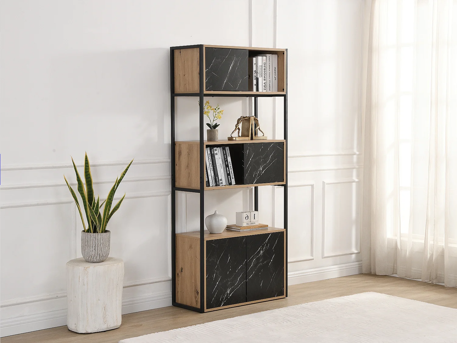 Bibliothèque avec 4 portes et 2 niches en MDF et acier - Effet marbre noir et naturel - YELANIA