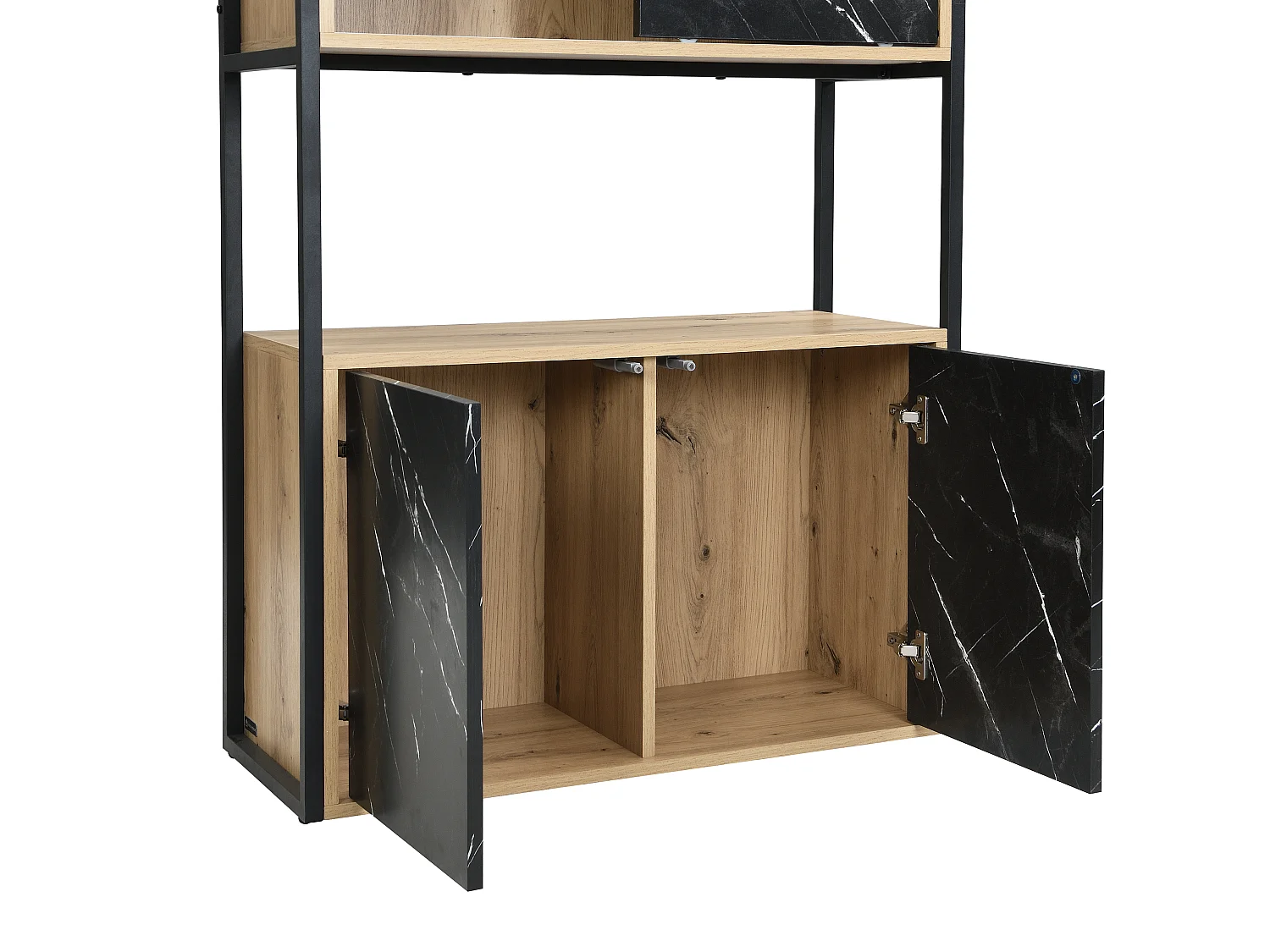 Bibliothèque avec 4 portes et 2 niches en MDF et acier - Effet marbre noir et naturel - YELANIA