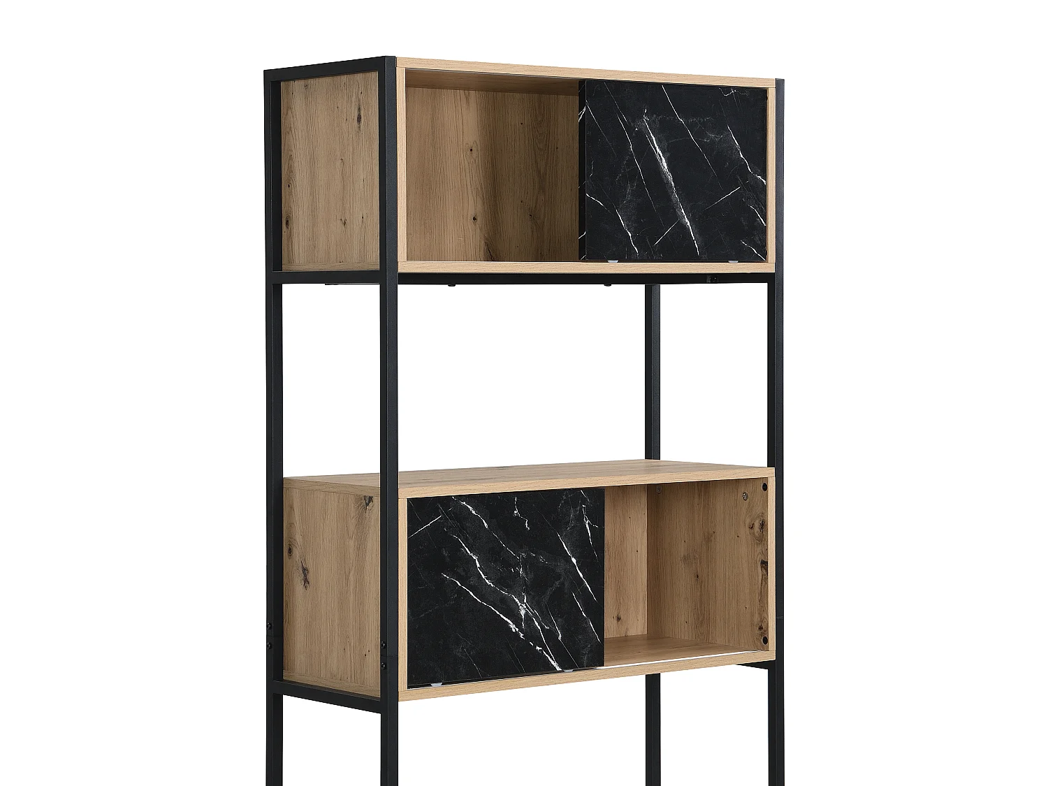 Bibliothèque avec 4 portes et 2 niches en MDF et acier - Effet marbre noir et naturel - YELANIA