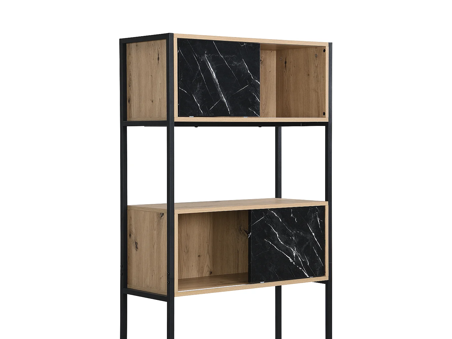 Bibliothèque avec 4 portes et 2 niches en MDF et acier - Effet marbre noir et naturel - YELANIA