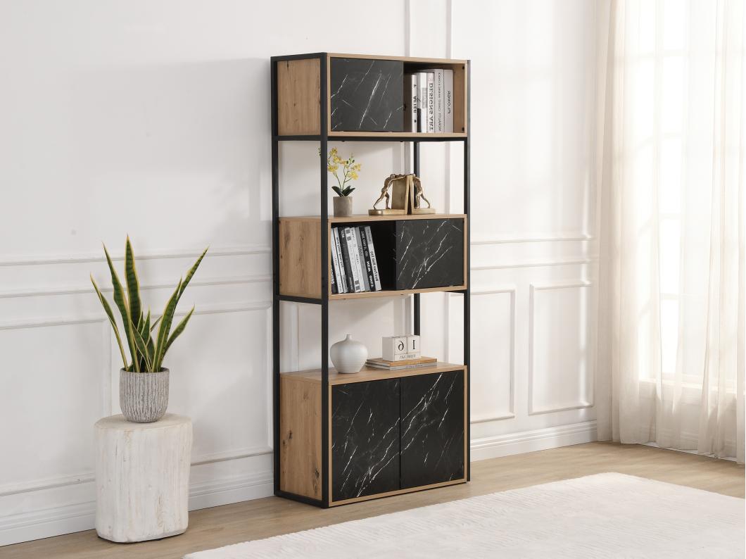 Bibliothèque avec 4 portes et 2 niches en MDF et acier - Effet marbre noir et naturel - YELANIA