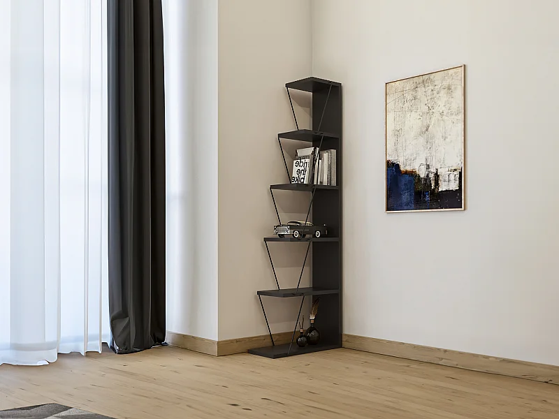Boekenkast met Lade en LED-licht, Hoog Hoekrek met 4 Planken, Boekenkast voor Woonkamer of