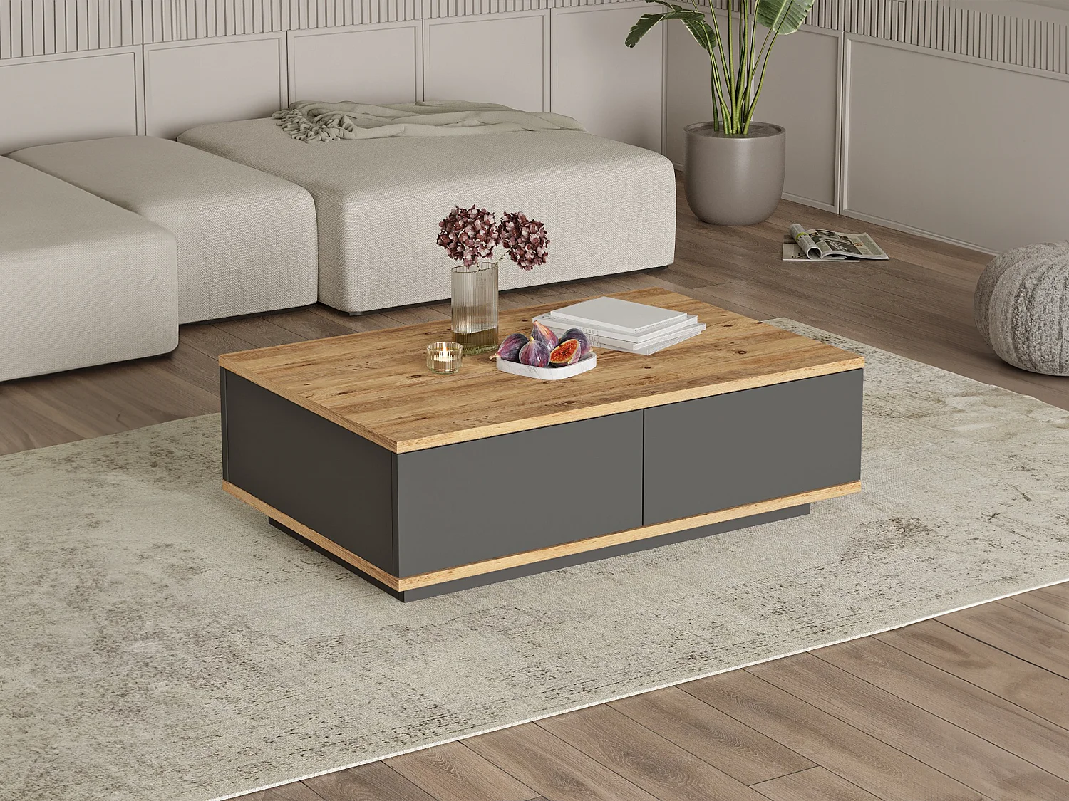 Table basse avec 2 portes - Naturel et Anthracite - LOTULA