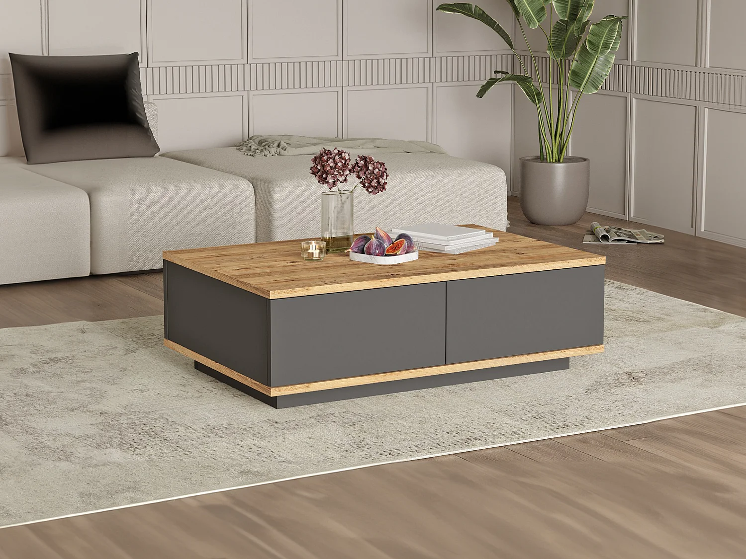 Table basse avec 2 portes - Naturel et Anthracite - LOTULA