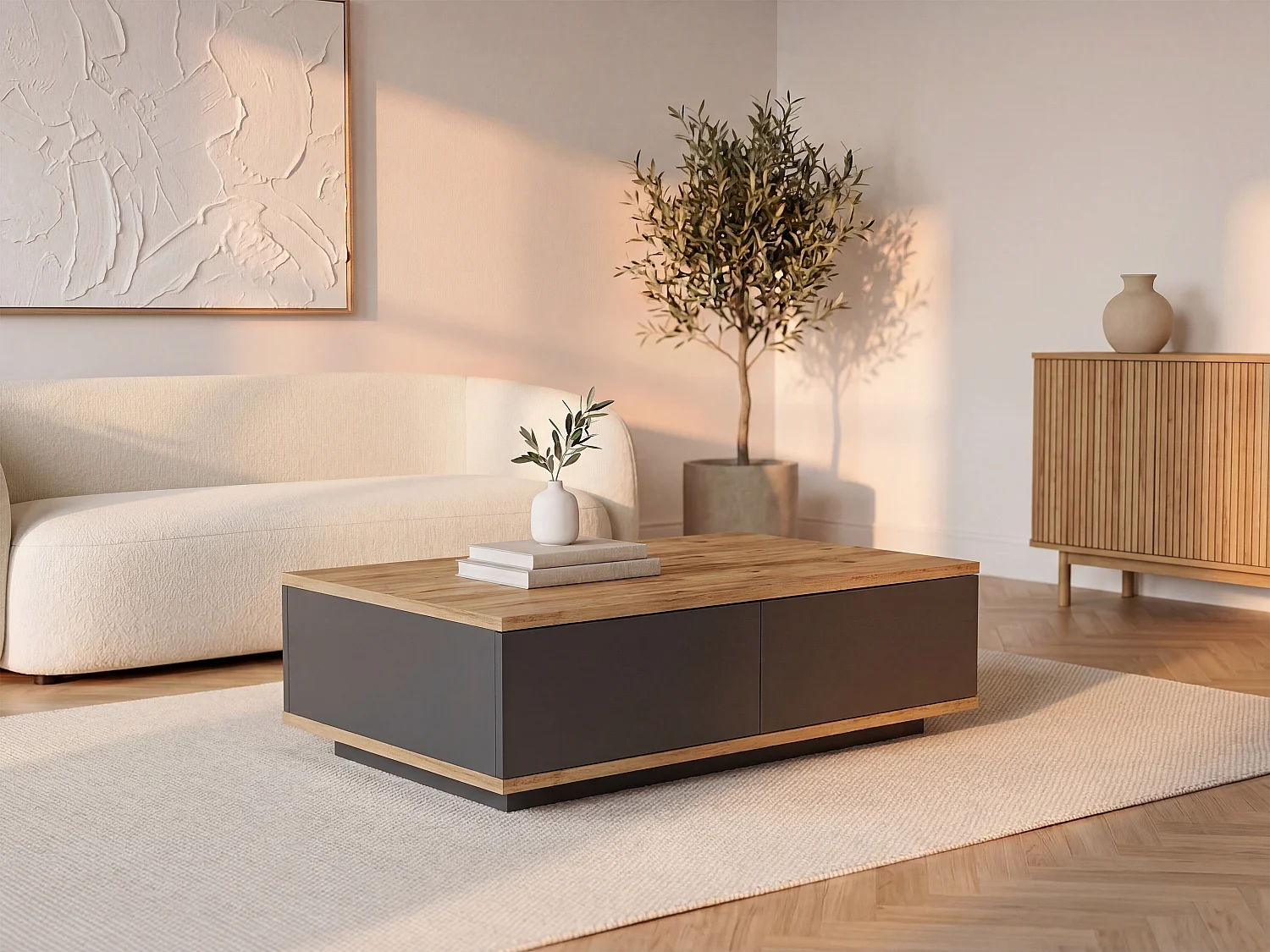 Mesa de centro com 2 portas natural e antracite - LOTULA