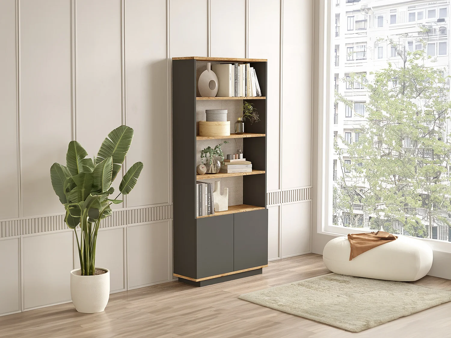 Bibliothèque avec 2 portes et 4 niches - Anthracite et naturel - LOTULA