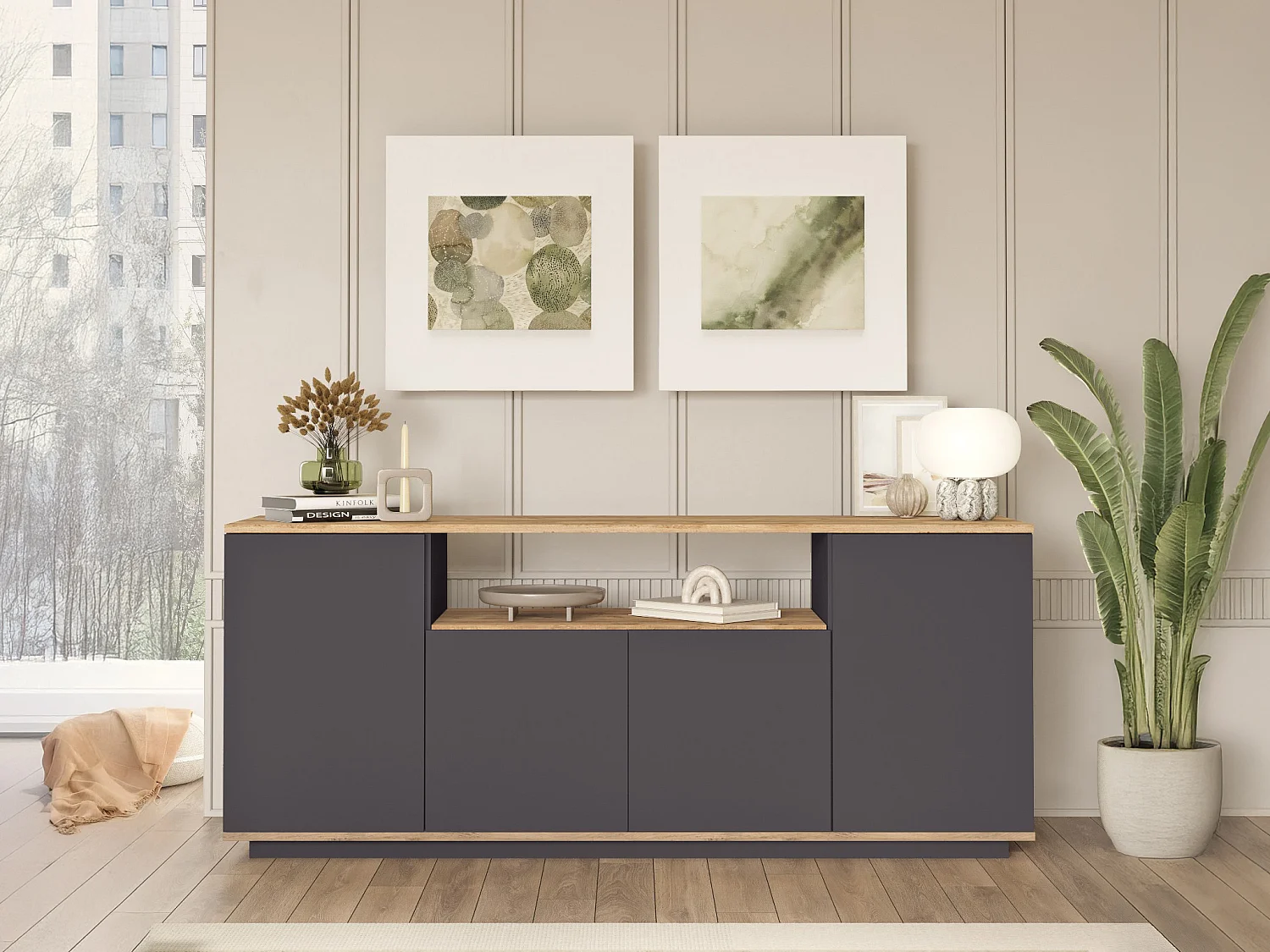 Buffet avec 4 portes et 1 étagère - Anthracite et naturel - LOTULA