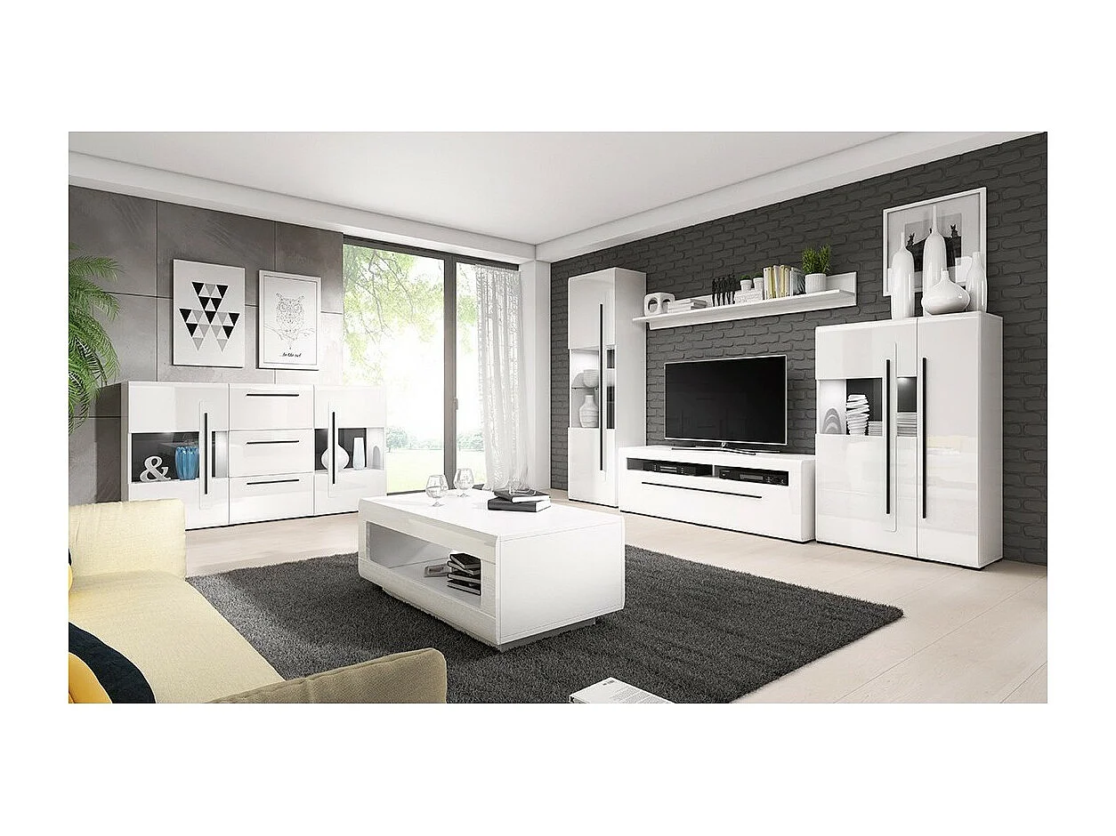 Design vitrinekast met geïntegreerde LED-verlichting, collectie BREDA, in mat wit en glanzend wit.