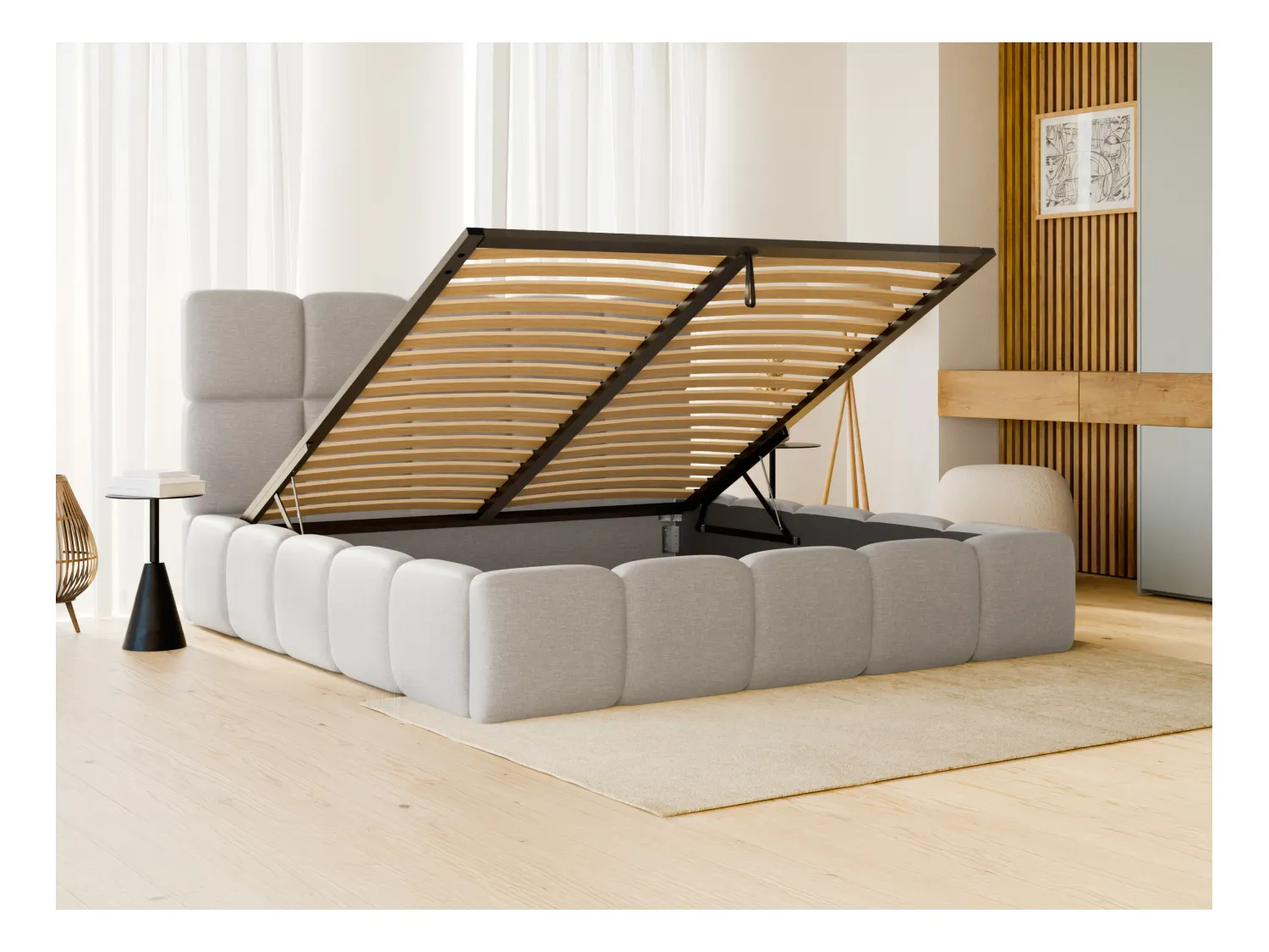Lit coffre 140 x 190cm - Tissu chiné - Gris clair + Matelas - DAMADO de Pascal Morabito