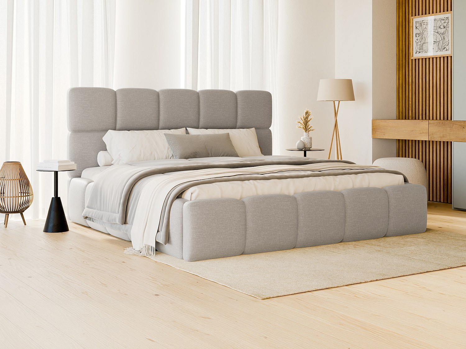 Vente-unique Bett Mit Bettkasten + Matratze - 180 X 200 Cm - Melierter Stoff - Hellgrau - Damado Von Pascal Morabito