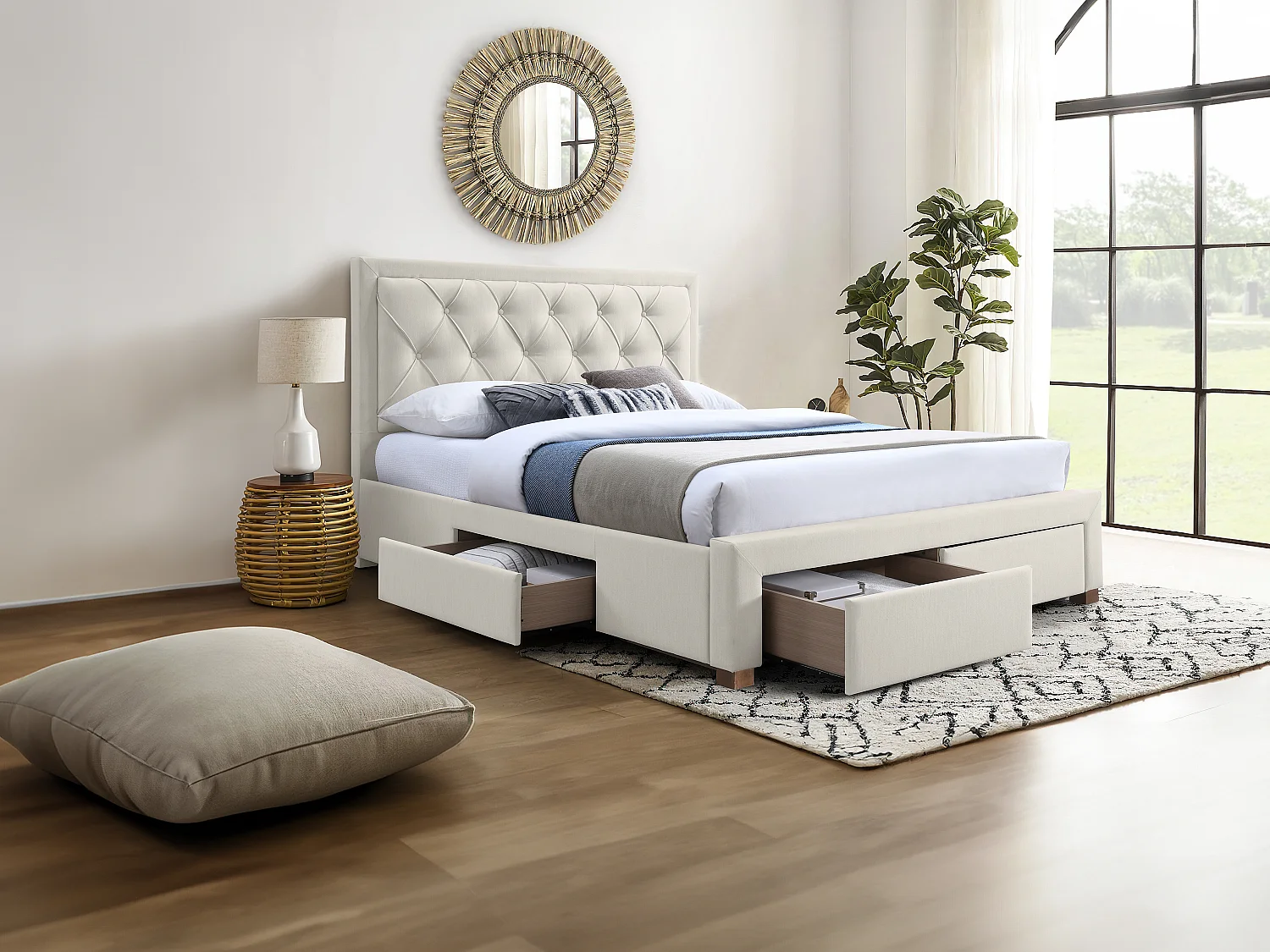 Bed met lades 160 x 200 cm - Stof - Beige + matras - LEOPOLD