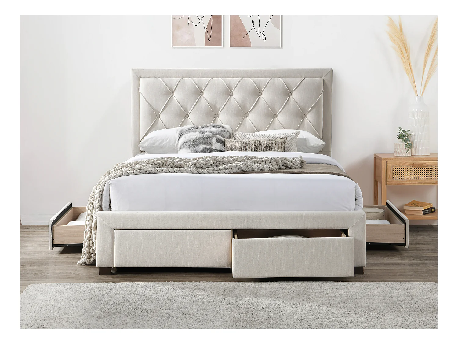 Łóżko z szufladami 160 × 200 cm – Tapicerowane – Beżowe + Materac – LEOPOLD