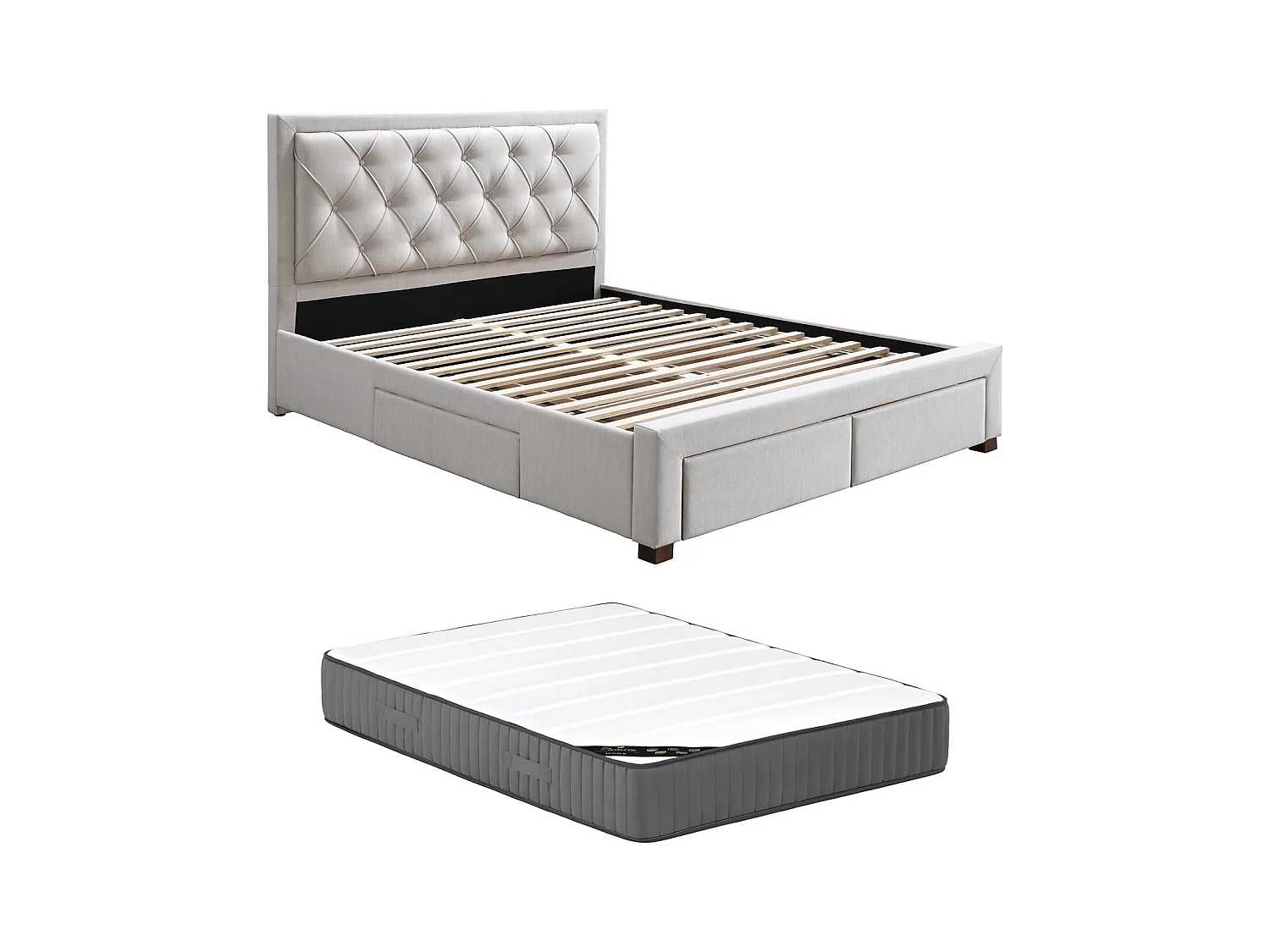 Łóżko z szufladami 160 × 200 cm – Tapicerowane – Beżowe + Materac – LEOPOLD