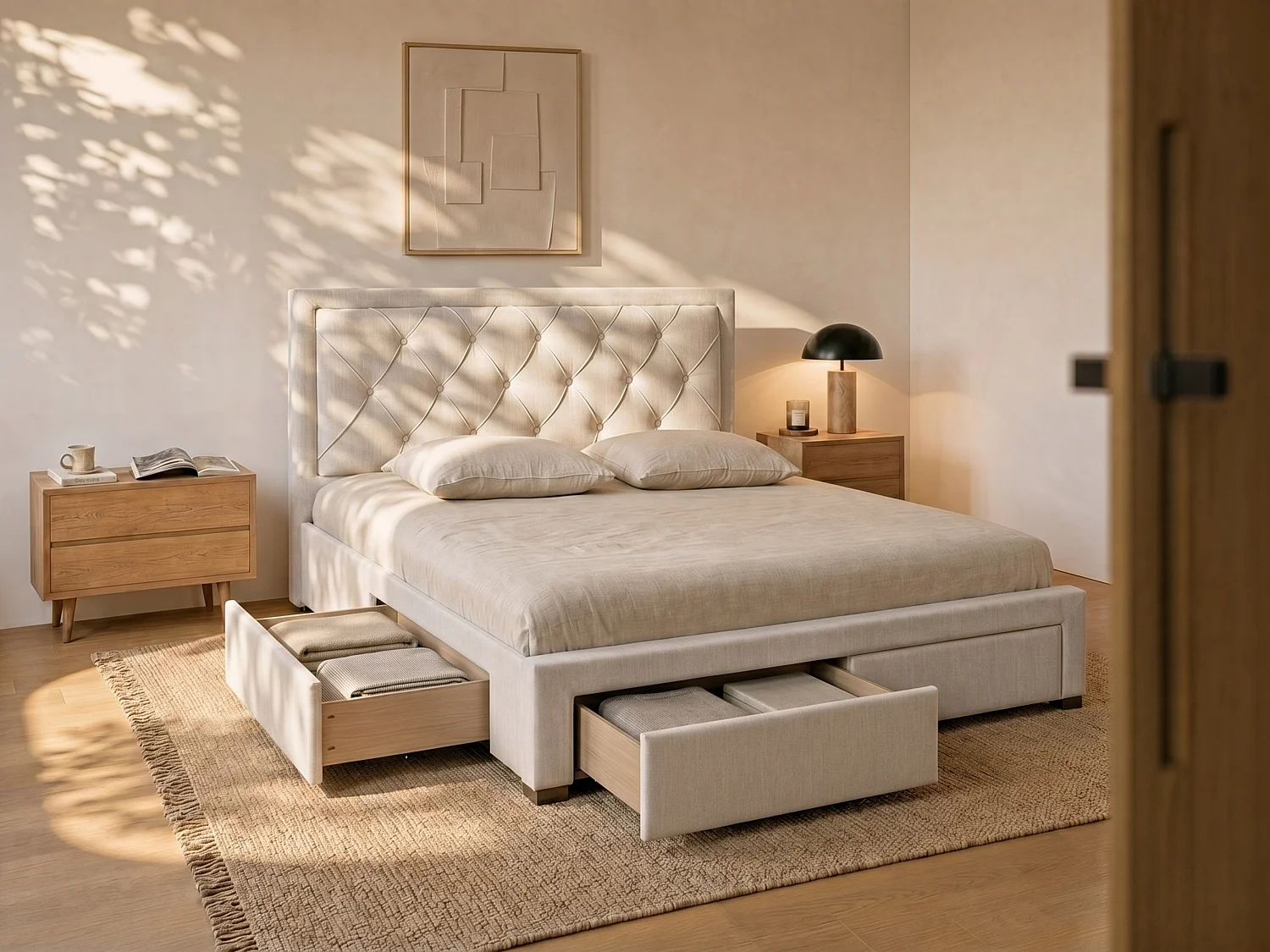 Lit avec tiroirs 160 x 200 cm - Tissu - Beige + Matelas - LEOPOLD