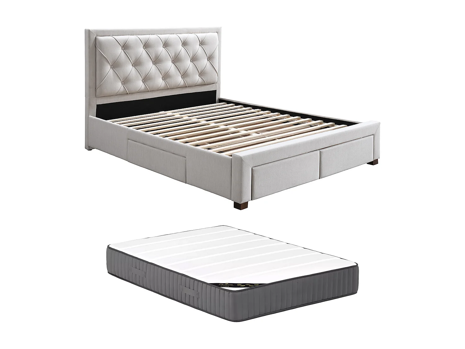 Lit avec tiroirs 180 x 200 cm - Tissu - Beige + Matelas - LEOPOLD