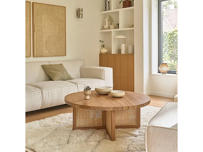 Mesa de centro redonda de madera de teca maciza y ratán Ø 100 cm