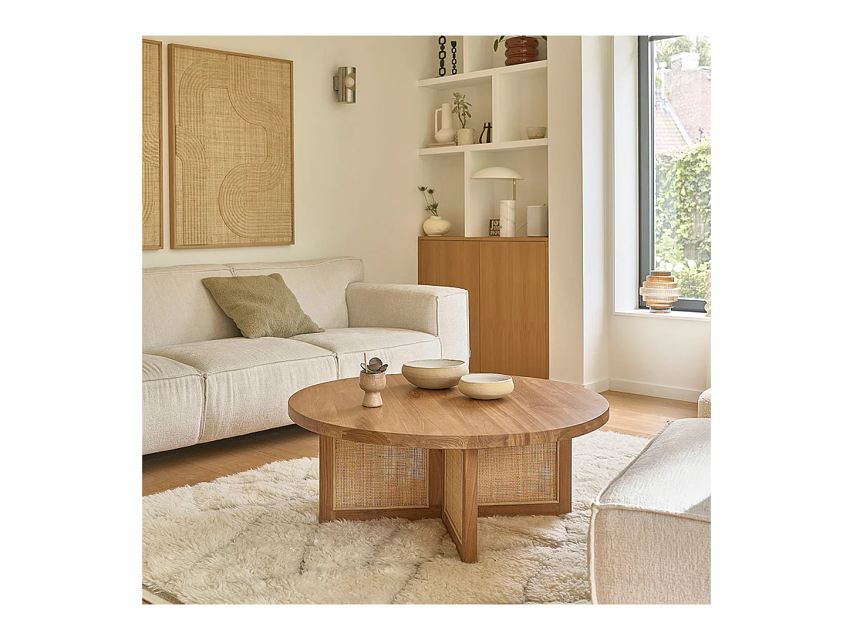 Table basse ronde en teck massif pied cannage 100 cm