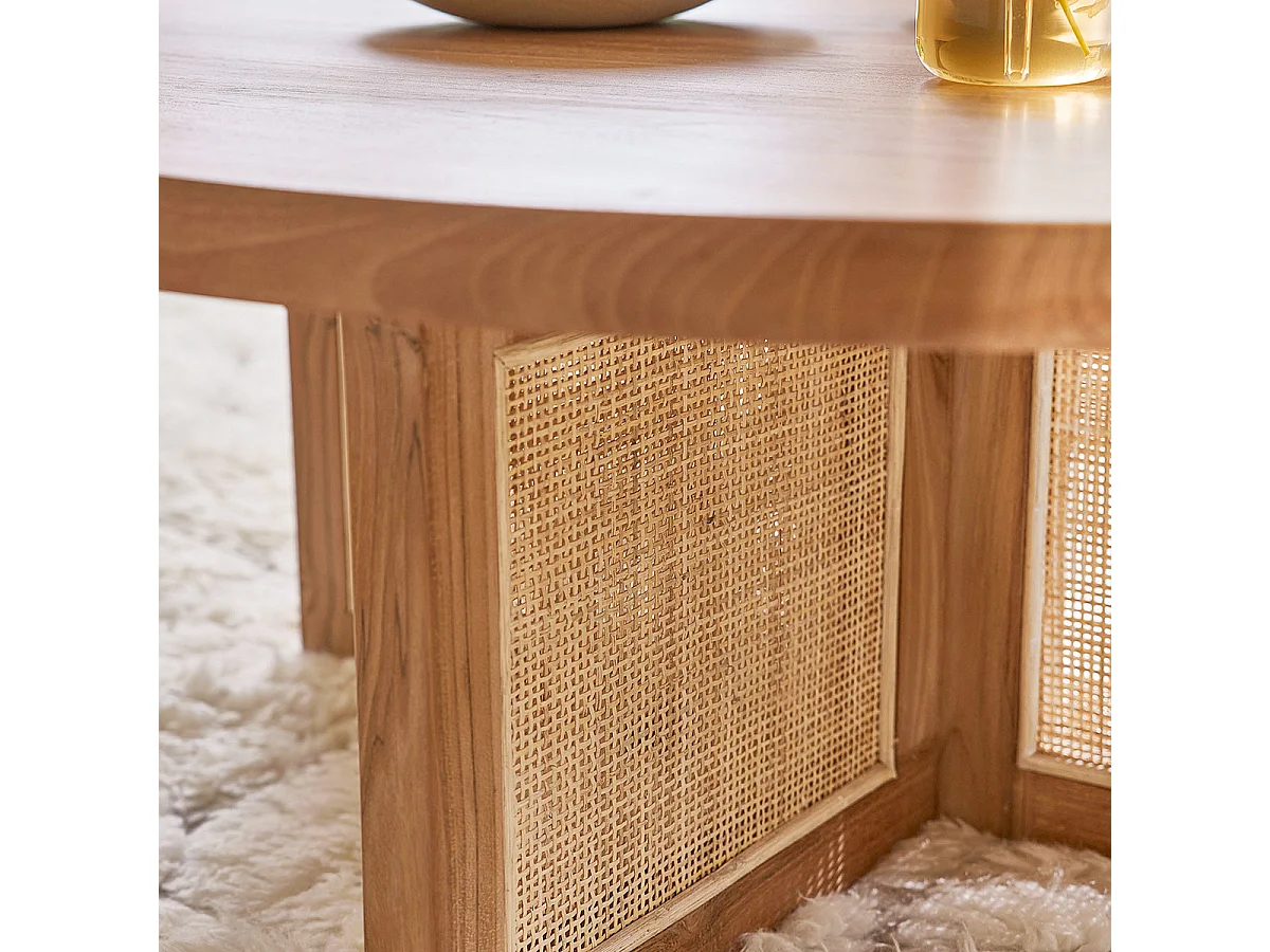 Table basse ronde en teck massif pied cannage 100 cm