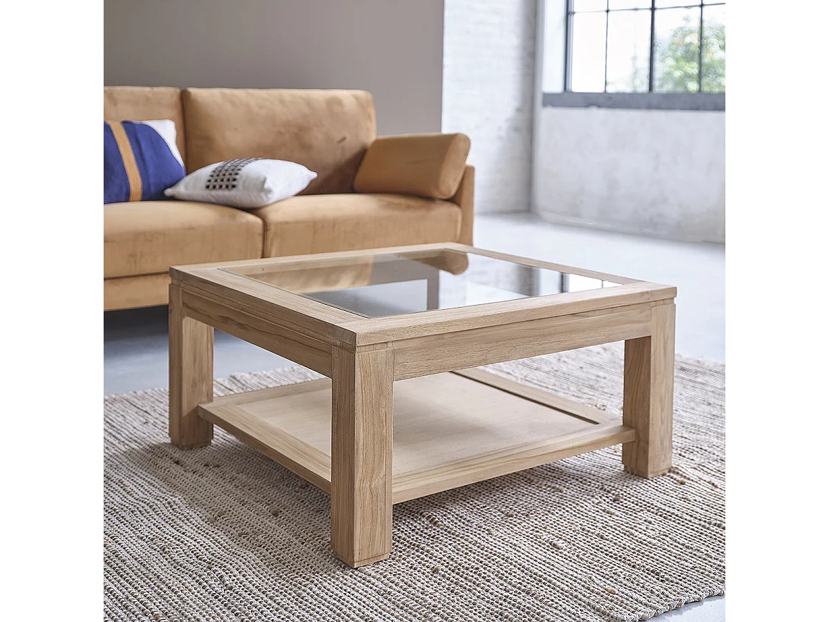 Tavolino in legno massello di teak con piano in vetro