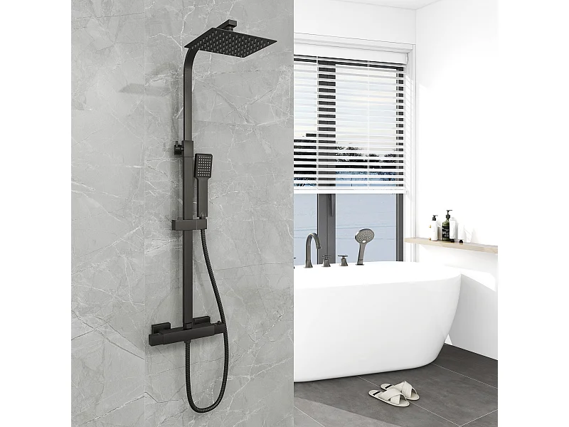 Aica columna ducha negro mate con cuadrados termostato 38℃ barra 800-1200mm
