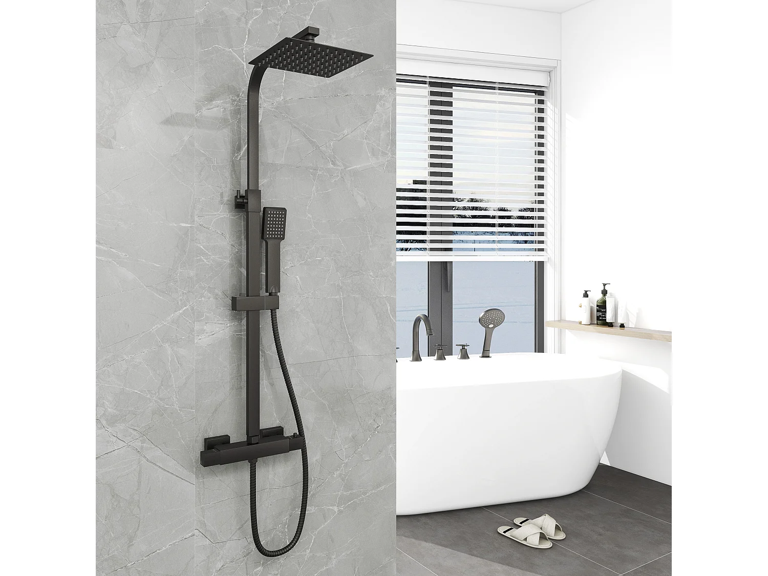 Aica columna ducha negro mate con cuadrados termostato 38℃ barra 800-1200mm