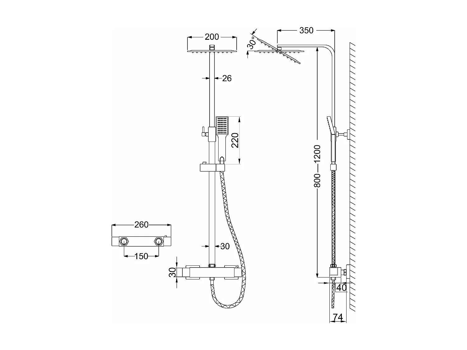 Aica columna ducha negro mate con cuadrados termostato 38℃ barra 800-1200mm