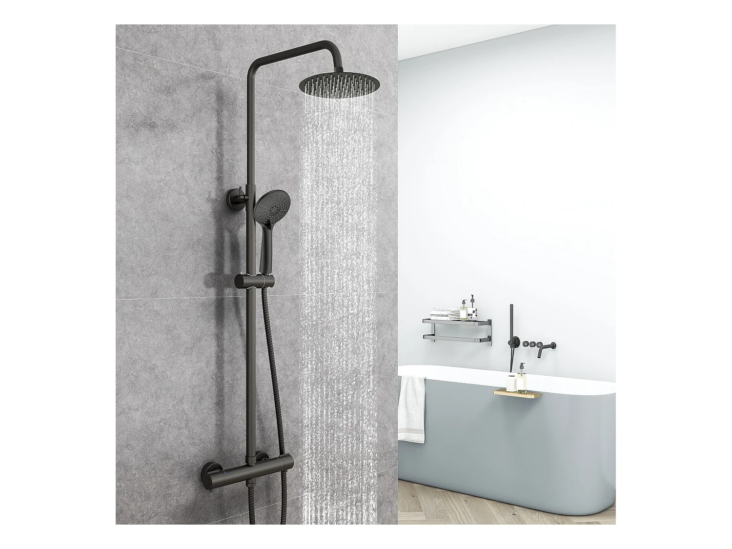 Aica columna de ducha termostática con redonda barra alcachofa superior negro mate para baño