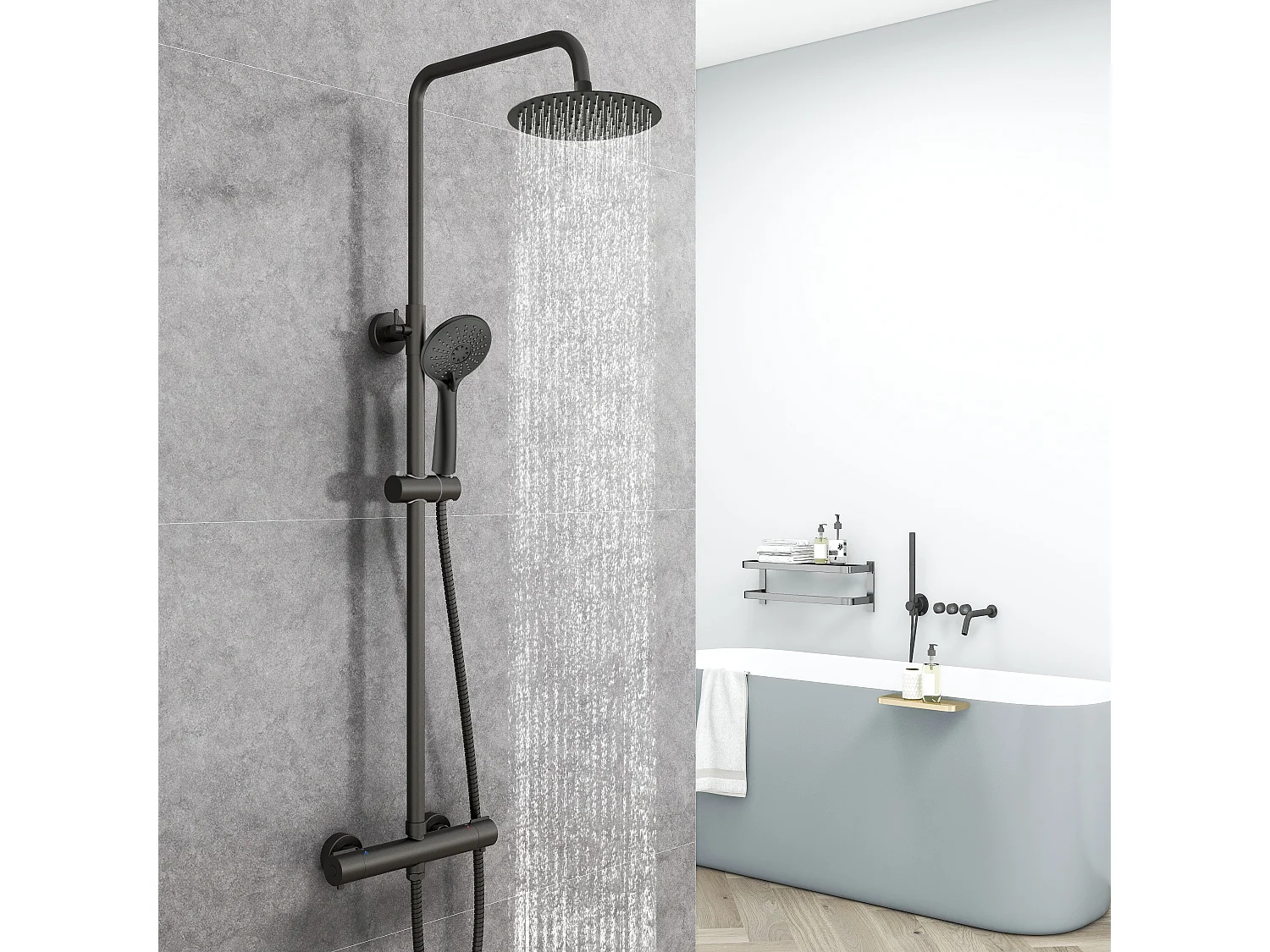 Aica columna de ducha termostática con redonda barra alcachofa superior negro mate para baño