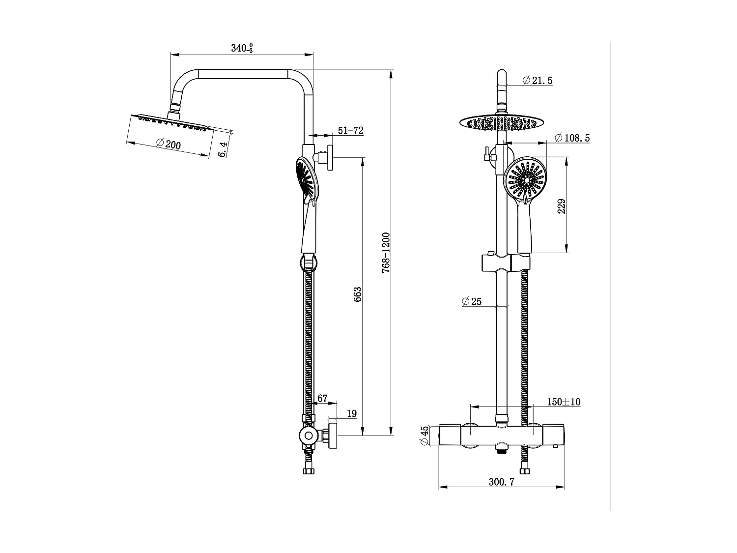 Aica columna de ducha termostática redonda con barra 768-1200mm rociador de mano ajustable