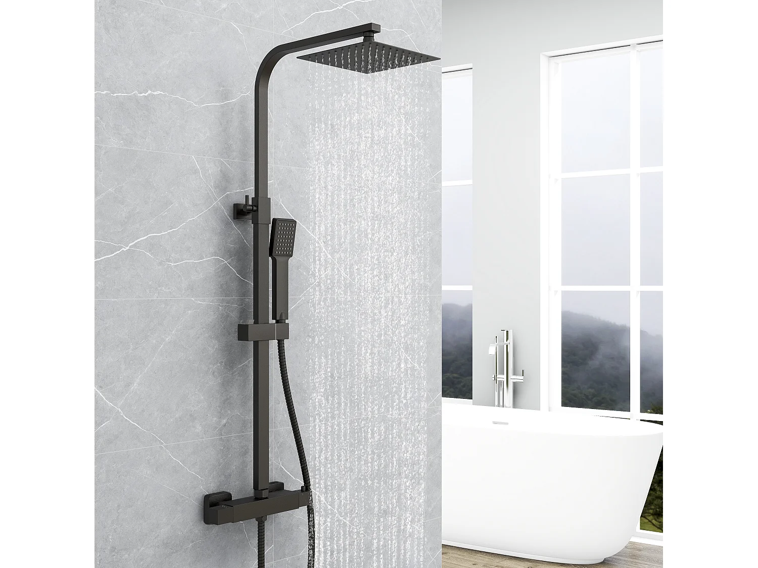 Aica termostática coluna de chuveiro termostático preto fosco 768-1200mm com chuveiro de topo quadrado para banheiro