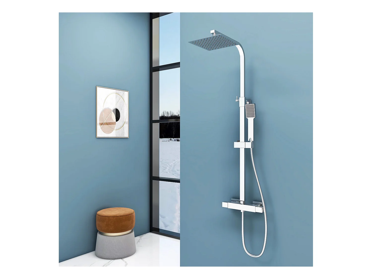 Aica columna ducha termostática barra en altura 80-120cm rociador teleducha cuadrados plata