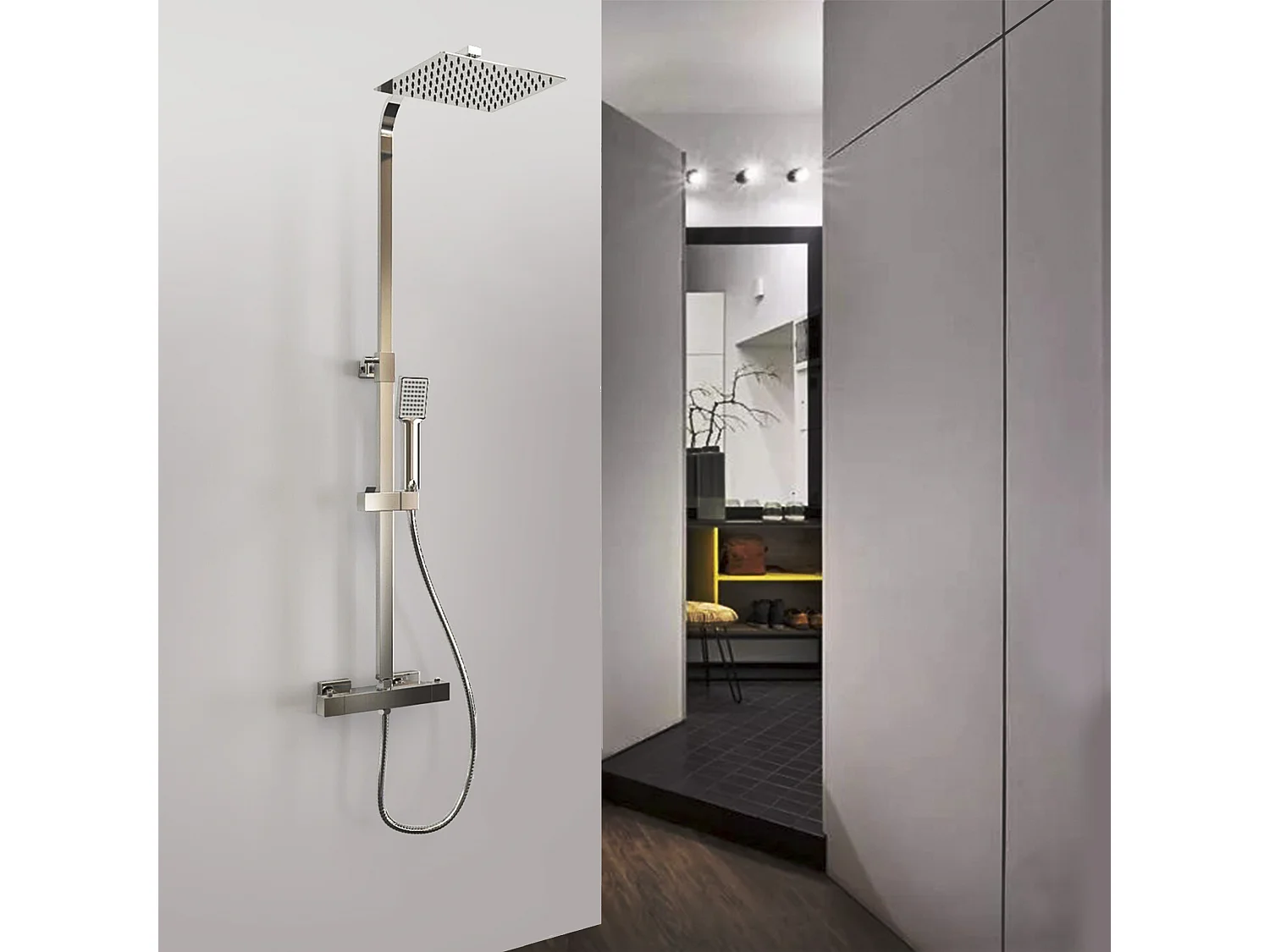 Aica columna de ducha 80-120cm termostático cuadrado con cabezal de ducha alcachofa de mano