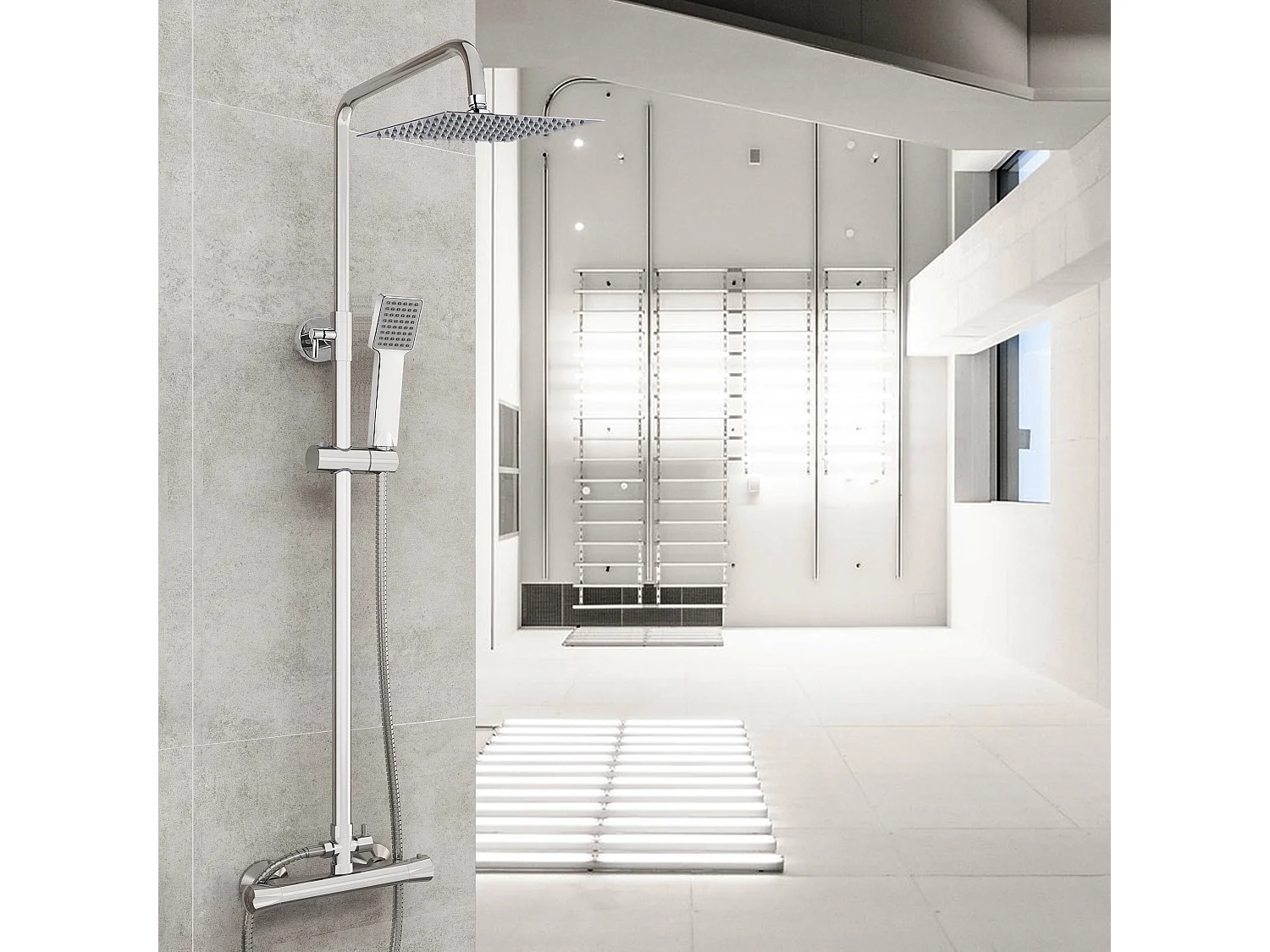 Aica columna de ducha termostática 38℃ alcachofa cuadrada acero inoxidable altura 85-125cm