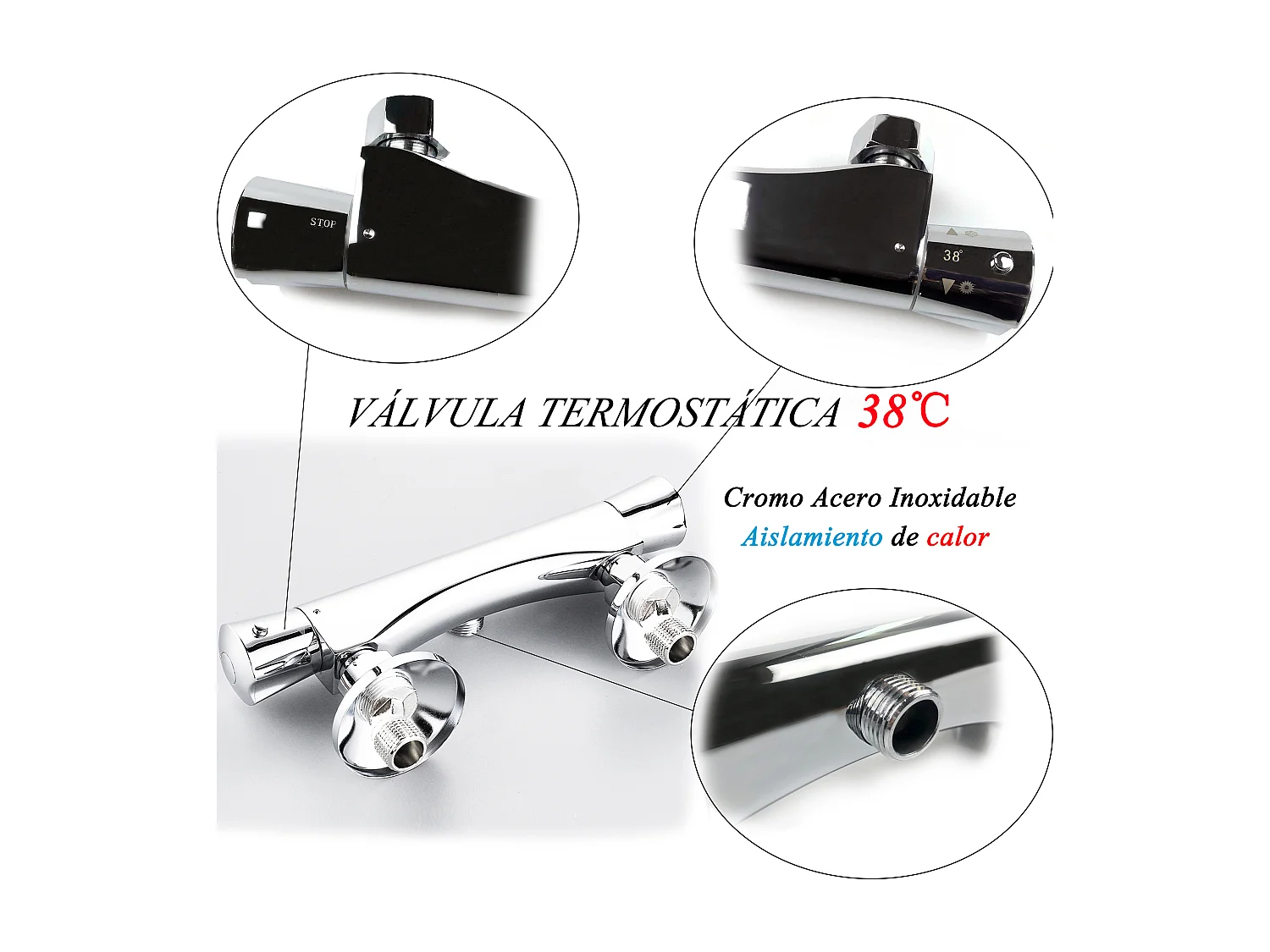 Aica columna de ducha termostática 38℃ alcachofa cuadrada acero inoxidable altura 85-125cm