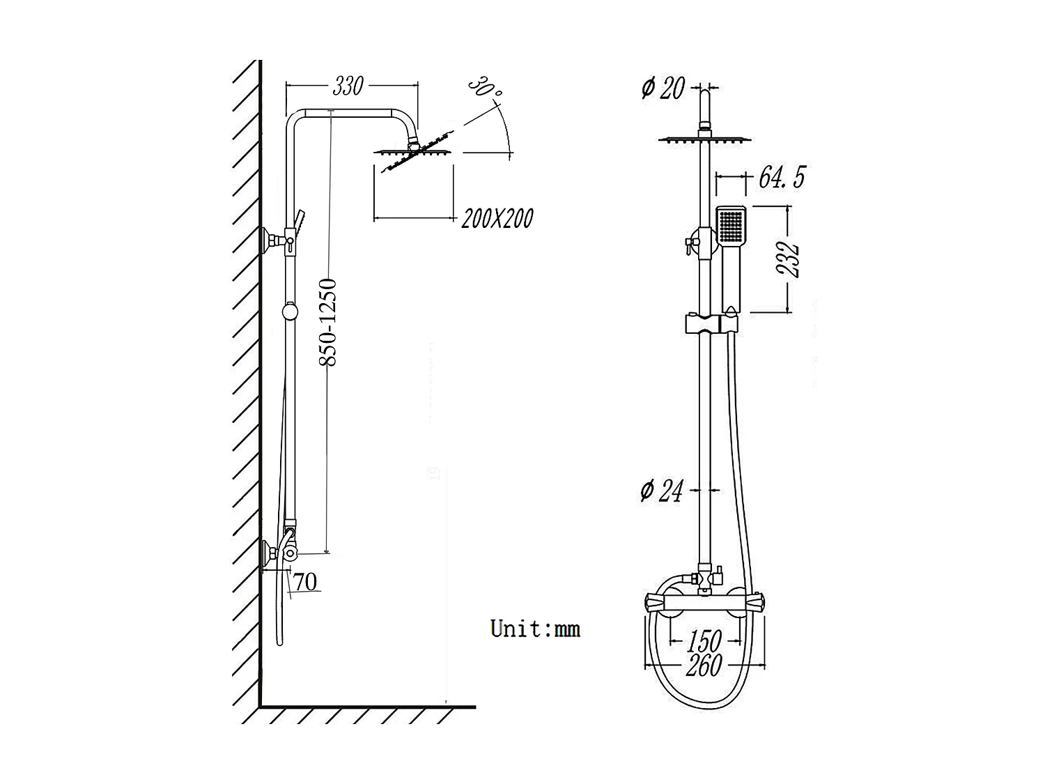 Aica columna de ducha termostática 38℃ alcachofa cuadrada acero inoxidable altura 85-125cm