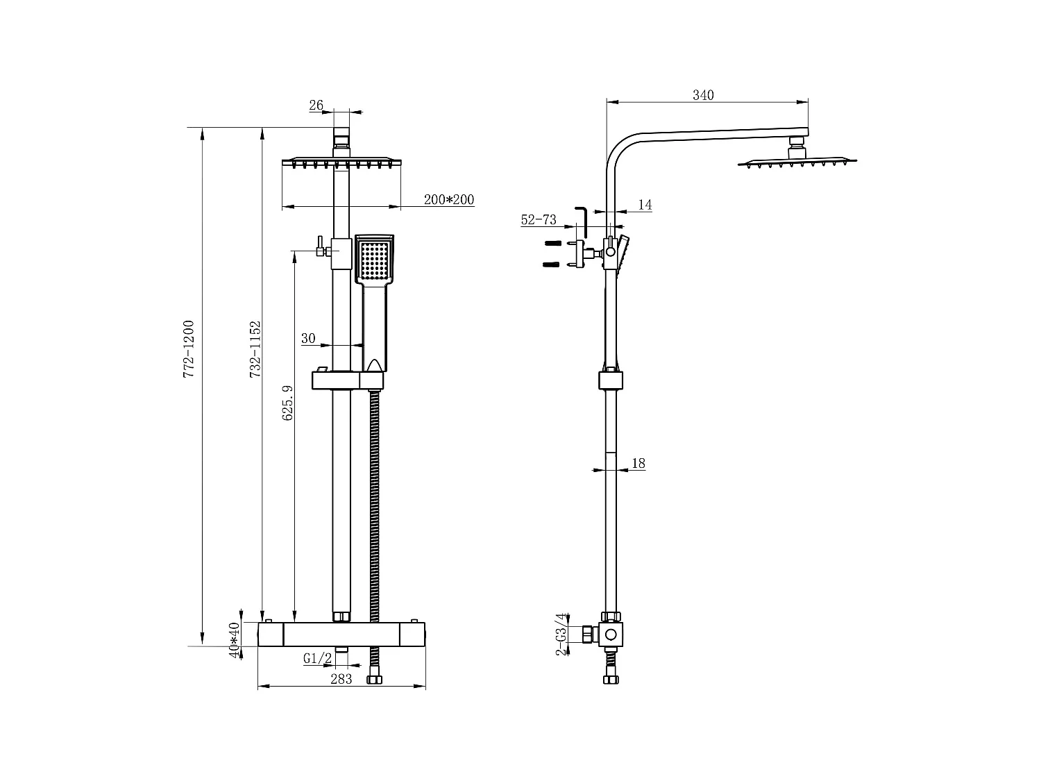 Aica columna de ducha termostática cuadrada 764-1184mm para baño