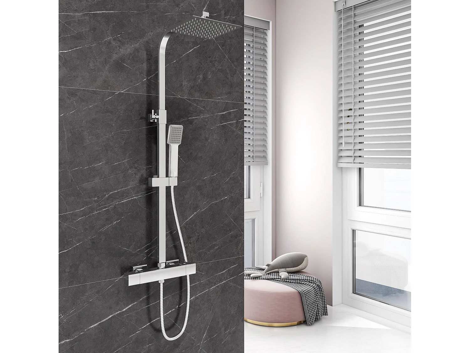 Coluna de chuveiro termostático quadrado Aica 764-1184mm para banheira