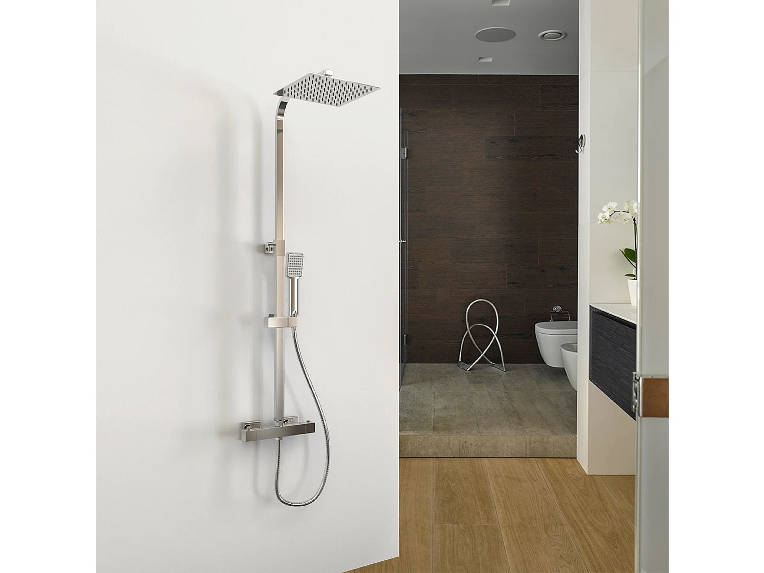 Aica columna ducha termostática 38℃ cromada alcachofa grande cuadrada de acero inoxidable