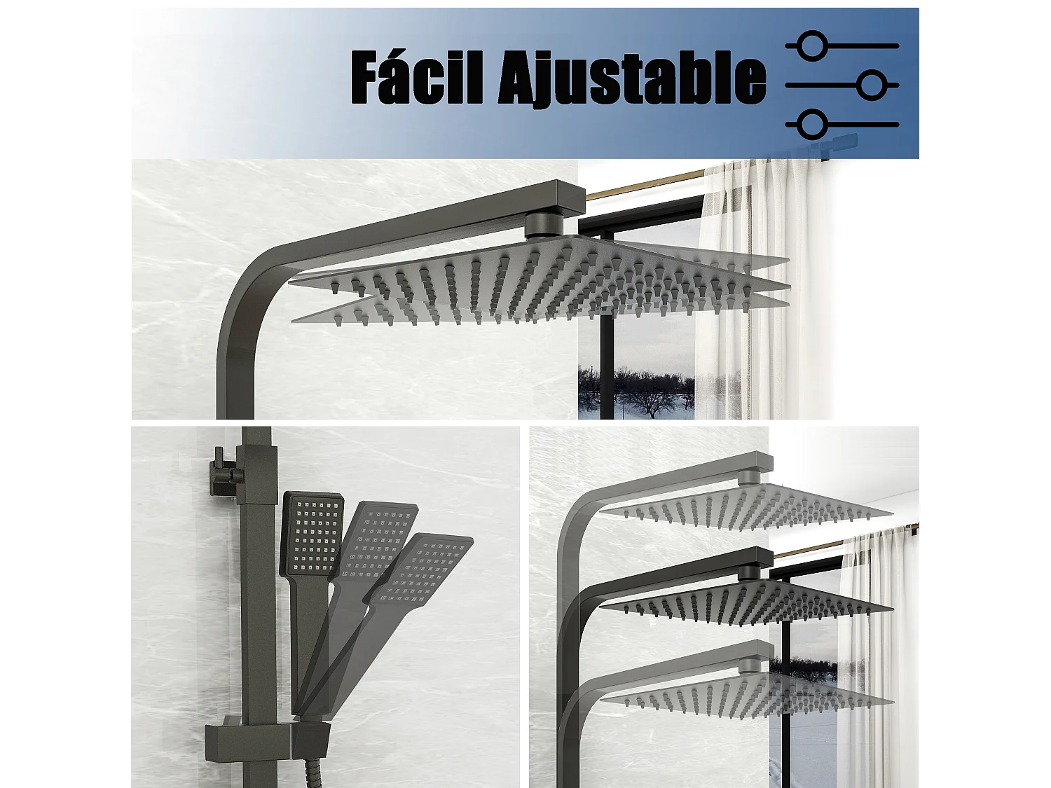 Coluna de chuveiro termostático Aica preto fosco quadrado 768-1200mm para banheiro