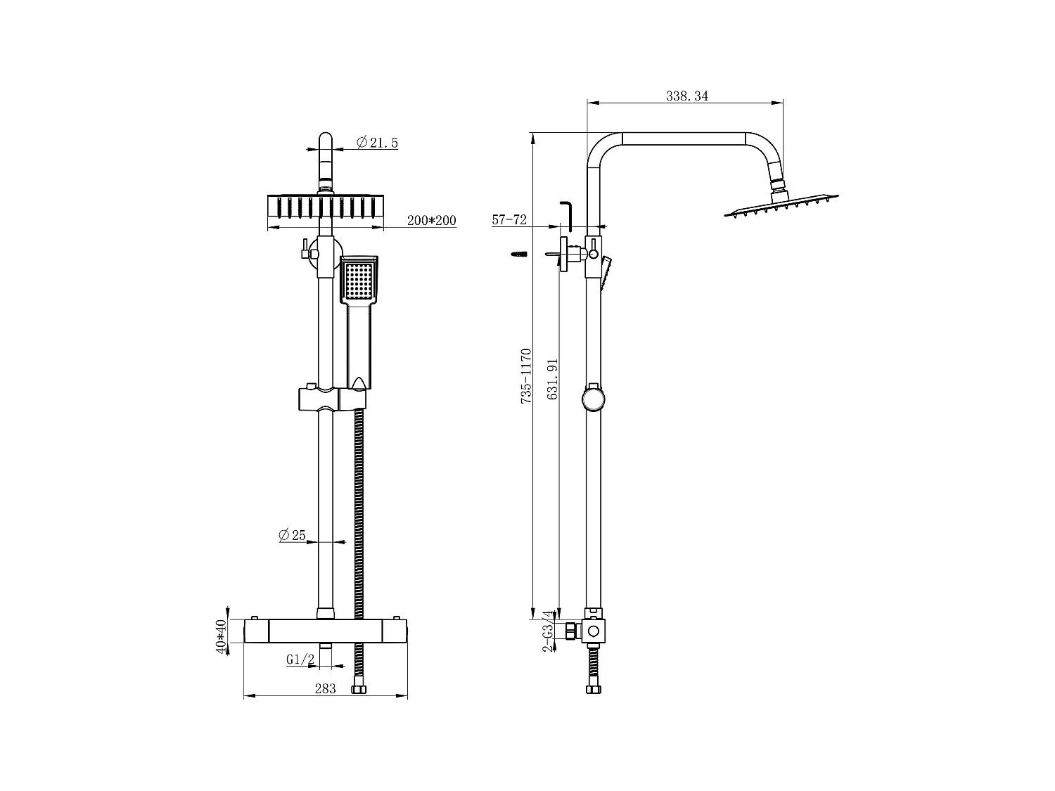 Coluna de chuveiro termostático Aica preto fosco quadrado 768-1200mm para banheiro